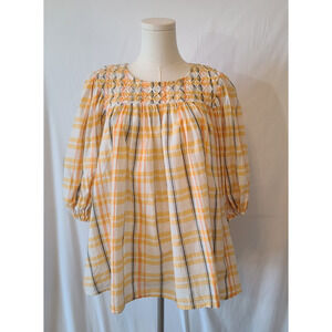 Daughters of India Yellow Black Plaid Cotton Smocked Top Small